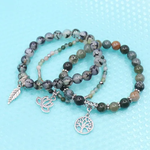 Vista 3 de UEUC - Pulseras Reiki, apilables, de piedras curativas, cristales, con dije del árbol de la vida, yoga y hoja de loto, contra la ansiedad