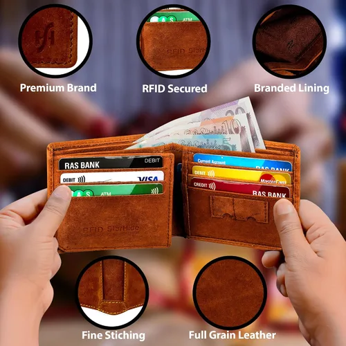 Vista 3 de STARHIDE Billetera triple de piel envejecida para hombre, con bloqueo RFID, con bloqueo RFID #1145
