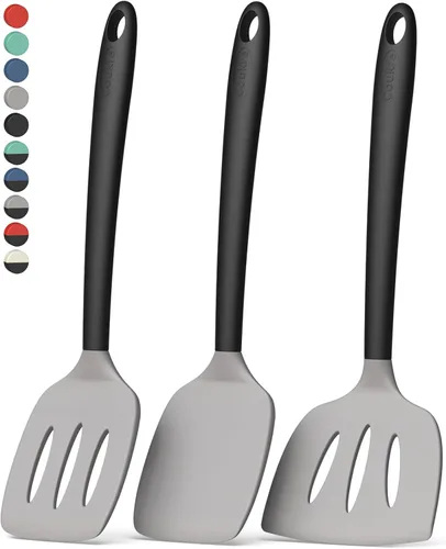Vista 9 de Coukre Juego de 3 espátulas de silicona, resistentes a altas temperaturas, sin BPA, espátulas para pescado, mango sólido y ranurado para sartenes