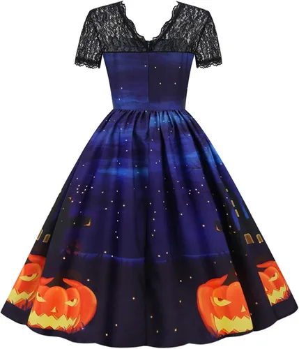 Vista 4 de Vestido de Halloween para mujer 2022 con cuello en V y manga corta con cremallera y panel de encaje