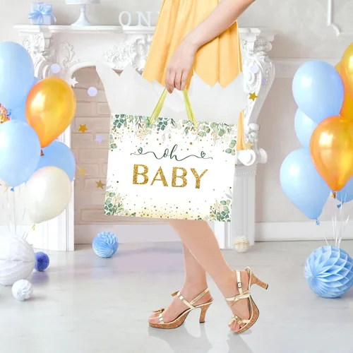 Vista 6 de Bolsa de regalo grande de 13" para bebé niño o niña para baby shower o cumpleaños con asa, papel de seda y tarjeta de felicitación (13" Verde)