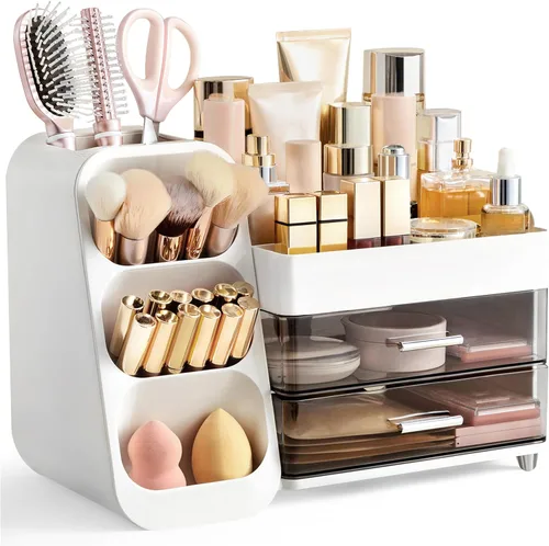 Vista 16 de HBlife Organizador de maquillaje con soporte para brochas para tocador, organizador grande de plástico para tocador de baño, almacenamiento