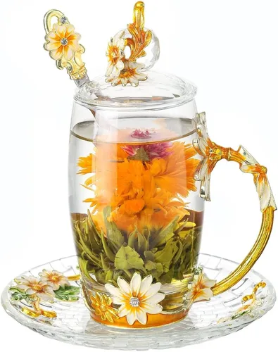 Vista 8 de Taza de café de vidrio, regalo de cumpleaños y Navidad para mujeres, mamá, hermana, novia, compañera de trabajo, taza de té de flores y mariposas