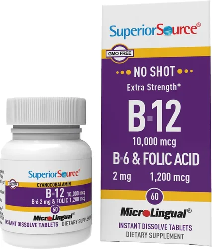 Vista 13 de Superior Source No Shot Vitamina B12 Metilcobalamina (1000 mcg), B6, ácido fólico, tabletas microlingües de disolución rápida, 60 unidades, aumenta