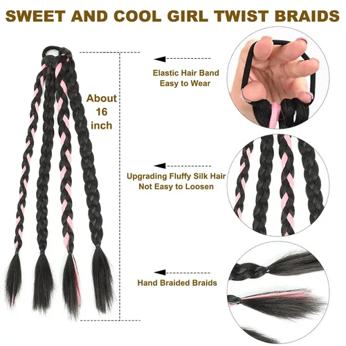 Vista 2 de Extensión de cola de caballo trenzada con banda elástica para el cabello, extensión de cabello lacio envolvente, cola de caballo, trenzas de cola