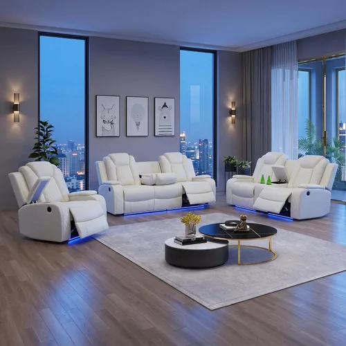 Vista 12 de Sofá Seccional Reclinable Eléctrico de Cuero Blanco Crema, Mueble Sala Cine en Casa con Iluminación LED, Consola Almacenamiento, Portavasos y Carga