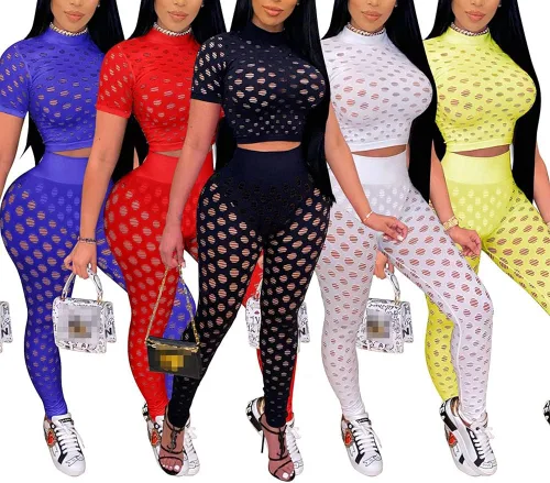 Vista 3 de Ophestin Conjunto sexy de 2 piezas para mujer conjunto de pantalones ajustados con parte superior hueca