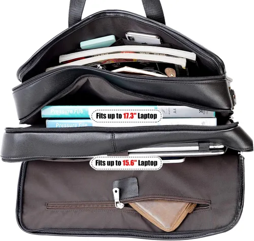 Vista 8 de Maletín de cuero de grano completo para hombre grande de 17 pulgadas de viaje de negocios bolsa de mensajero portátil con cremalleras de metal YKK