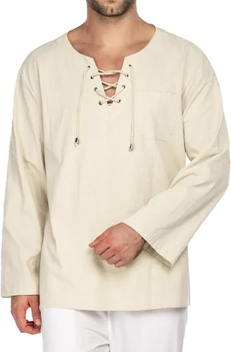 Vista 2 de COOFANDY Camisas de lino de algodón para hombre con cordones estilo casual playa hippie cuello en V