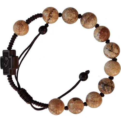 Vista 2 de Sine Cera Pulsera de rosario católico de 1 década con piedra de jaspe, madera de azafuera, centro de mesa grabado con láser de doble cara