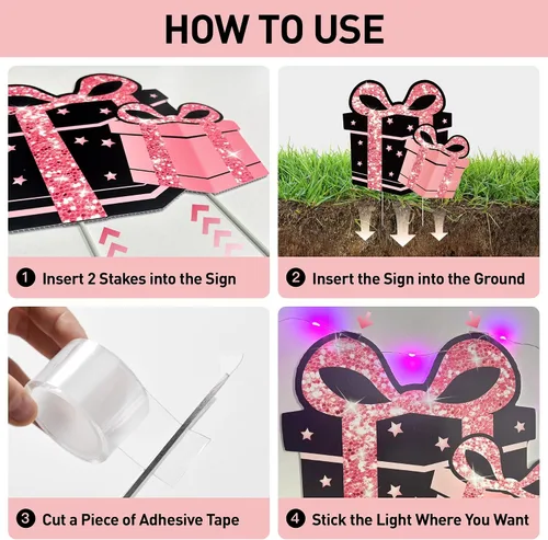 Vista 5 de Decoraciones de cumpleaños número 13 para niñas - 7 piezas de letreros de cumpleaños rosas para el patio con estacas, 2 piezas de luces LED Rosa 13