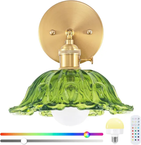 Vista 11 de Juego de dos apliques de pared vintage, funciona con pilas, con pantalla de cristal de tulipán verde oscuro, lámpara de pared recargable con control