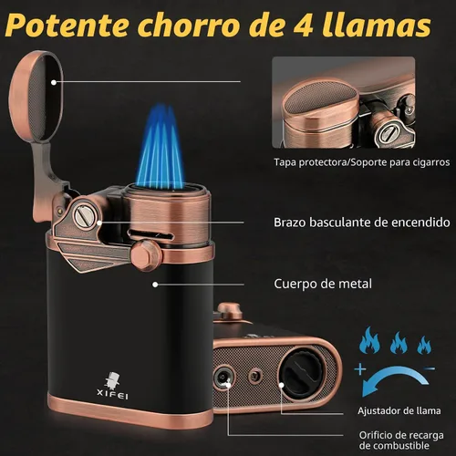 Vista 4 de XIFEI Encendedor de Puros de 4 Chorros Llama Antorcha con Soporte para Puros, Encendedor de Brazo Basculante a Prueba de Viento Llama Ajustable