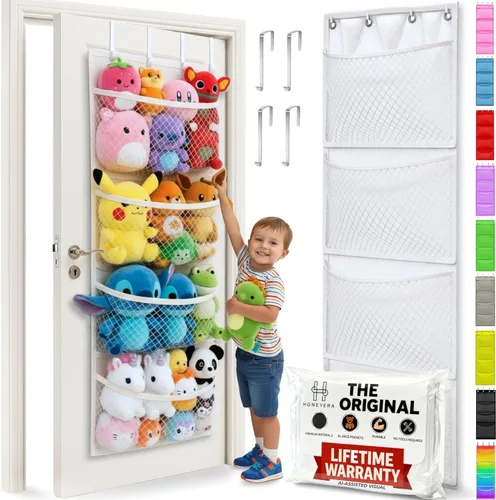 Vista 13 de Honeyera The Original - Almacenamiento de animales de peluche (patentado) – Organizador sobre la puerta para rellenos, juguete de peluche/hamaca
