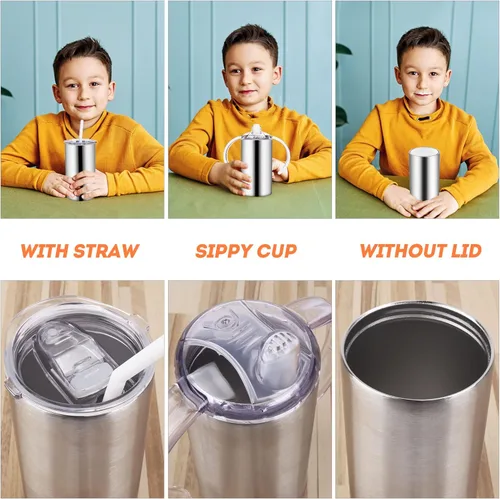 Vista 4 de Vasos para sorber de acero inoxidable de 12 onzas para niños pequeños con asas, a prueba de derrames, doble pared aislada al vacío, vasos de paja
