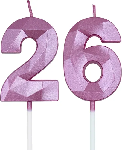 Vista 10 de Velas de cumpleaños número 26 y 62 para pastel, velas doradas con forma de diamante 3D con forma de diamante, decoraciones de cumpleaños