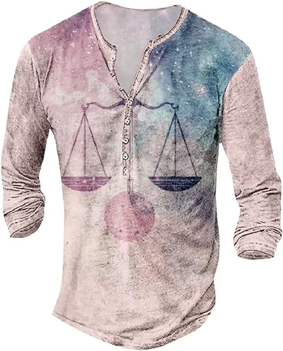 Vista 21 de MARSVOVO Camisetas Henley para hombre, camisetas gráficas artísticas, cuello en V, sin cuello, manga larga, casual, ajustadas, camisas