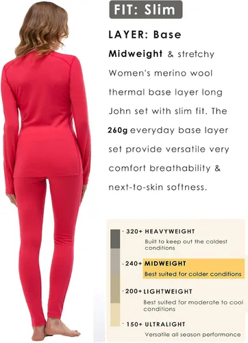 Vista 3 de Conjunto de ropa interior 100 % lana merino para mujer, Deep Red-6.53oz, S
