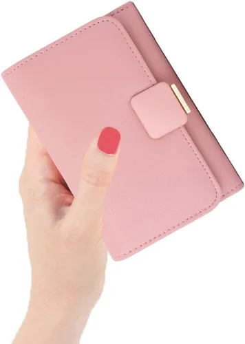 Vista 3 de Cartera pequeña para mujer, tarjetero de piel sintética, bloqueo RFID, con triple pliegue, sobre con cremallera, monedero, rosa ( B - Pink ), Moda