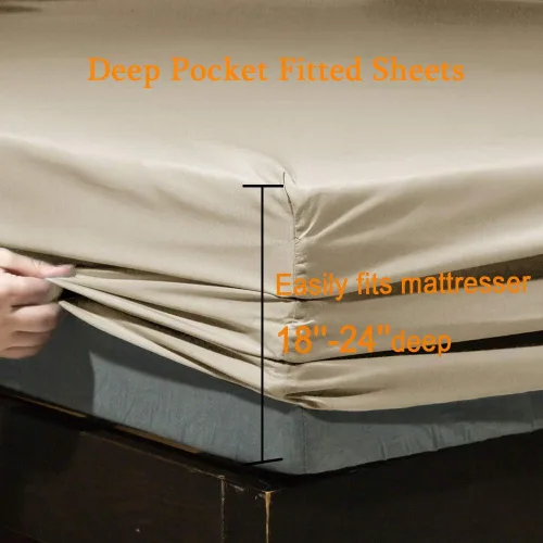 Vista 3 de SONORO KATE Juego de sábanas de cama de microfibra súper suave de 1800 hilos, sábanas egipcias de lujo que se ajustan a colchones de bolsillo Beige