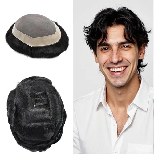 Vista 17 de Toupee de cabello humano fino mono revestido de poliéster para hombre, postizo de monofilamento duradero NPU monofilamento tupé para hombres