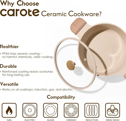 Vista 5 de CAROTE Olla de 5 cuartos de galón antiadherente con tapa, olla de sopa, olla de cerámica de 5 cuartos con tapa, avena de cerámica, olla de cocina