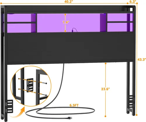 Vista 3 de Aheaplus Cabecero para cama de tamaño individual con almacenamiento, cabeceros con luz LED, tomas de corriente, puertos USB, tamaño individual
