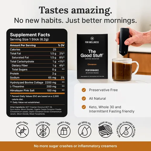 Vista 2 de The Good Stuff Potenciador de café de canela Crema de café saludable para concentración y energía Keto, crema en polvo no láctea con aceite