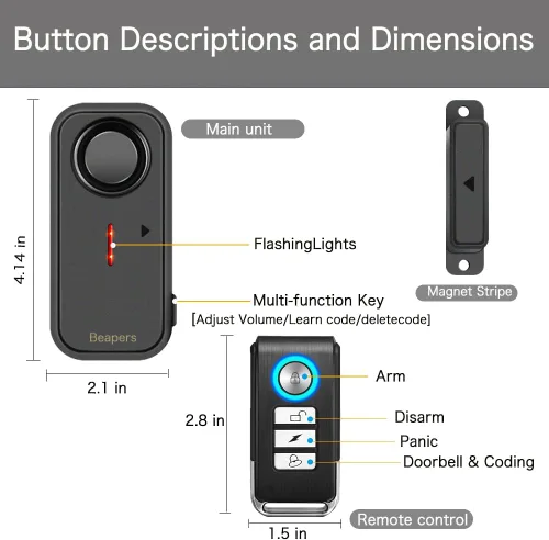 Vista 8 de Alarma de seguridad personal impermeable para puerta/ventana, IP66 resistente al agua con control remoto, 113 dB, modo alarma/timbre, espaciado