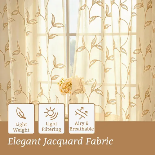 Vista 3 de VISIONTEX 2 paneles de cortinas traslúcidas de 63 in de largo, cortinas de gasa semitransparentes bordadas con hojas florales beige, bolsillo