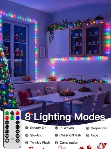 Vista 4 de Luces de Navidad para exteriores, 800 LED de 262 pies, luces de hadas multicolor IP67 impermeables, tira de luces enchufables con control remoto, 8