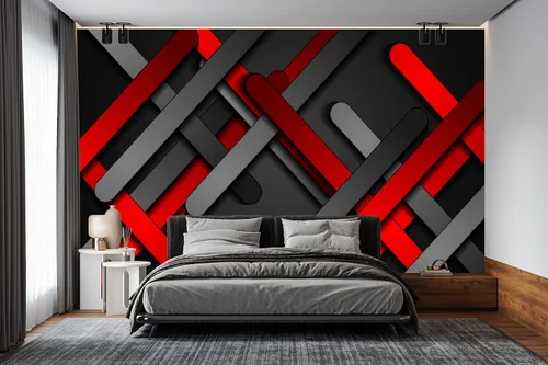 Vista 3 de Papel tapiz mural de pared 3D de metal rojo y negro para dormitorio, 137" x 100