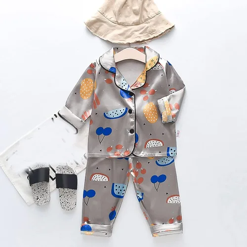 Vista 5 de TBUIALL Toddler Kids Baby Boys Girls Satin Cartoon Button Down Shirt Tops + Long Pants Silk Pajamas Sleepwear Large