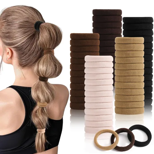 Vista 10 de 100 unidades de gomas de pelo negras para mujeres, bandas de pelo de algodón sin costuras, gomas de pelo sin arrugas ni daños para cabello grueso