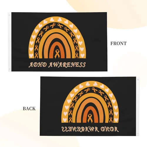 Vista 9 de Bandera de 3 x 5 pies ADHA Awareness - Cartel de doble cara con corazones de arco iris naranja grande para pared, dormitorio, sala de estar