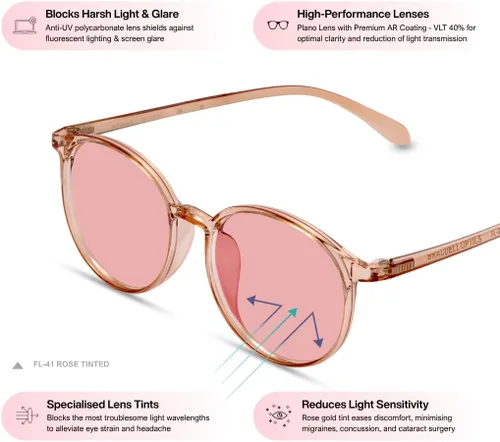 Vista 3 de BRADDELL FL-41 FL-60 - Gafas de sensibilidad a la luz de migraña para interiores y exteriores, color marrón Champán transparente