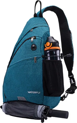 Vista 10 de WATERFLY - Mochila casual tipo bandolera, para llevar en el pecho, Negro, talla única 18L, Water resistant hiking daypack, 7 pockets for 13