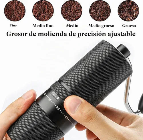 Vista 4 de Molinillo de café manual con rebabas de acero inoxidable, molinillo de café de mano, ajuste de molienda ajustable externo para expreso, prensa Negro
