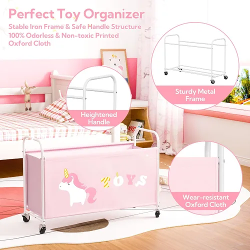 Vista 9 de GRANNY SAYS Caja de juguetes para niños y niñas, almacenamiento extra grande con ruedas, organizador de almacenamiento de juguetes de metal para Rosa