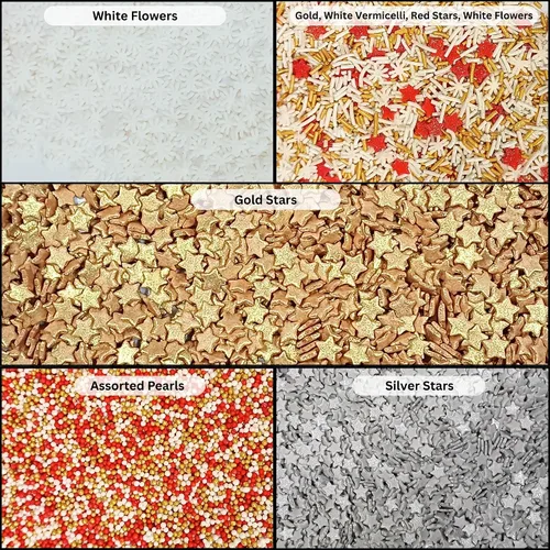 Vista 2 de Confect Chispas Navideñas Mezcla de Chispas de Flor Blanca, Dorada, Roja y Perla Blanca – Decoraciones Navideñas Comestibles de Estrella Plateada