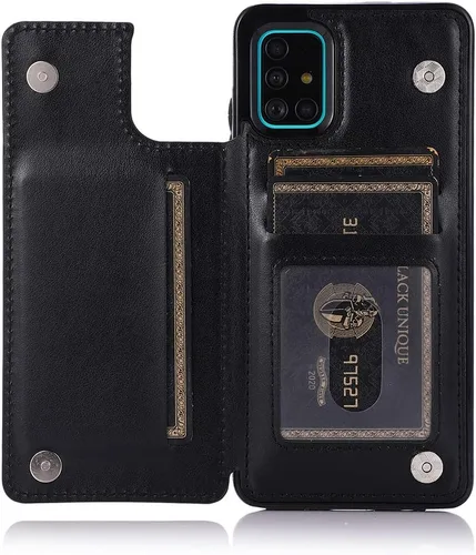 Vista 4 de Funda de teléfono para Samsung Galaxy A51 4G con protector de pantalla de vidrio templado y tarjetero con soporte para tarjetero, accesorios de Negro