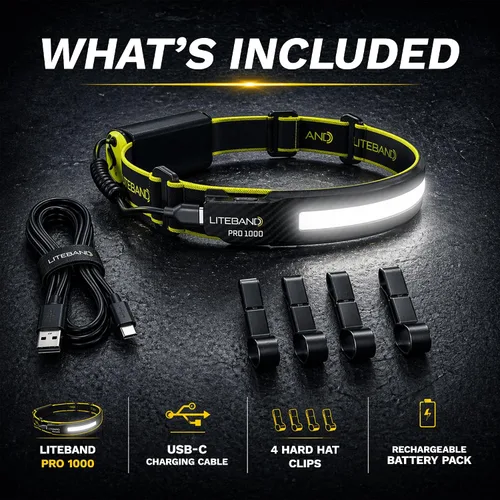 Vista 9 de Liteband PRO - Linterna frontal personal ajustable de haz ancho serie 1000, iluminación de 210°, funciona con pilas, se adapta a cascos y cascos