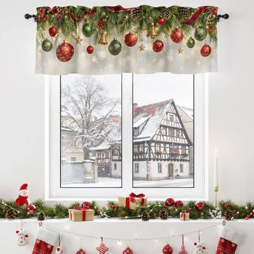 Vista 5 de Christmas Valances for Windows Kitchen Curtains Christmas Balls Bell Window Valance, Gold Star Snowflake Pine Needle Short Topper Window Curtain