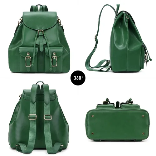 Vista 6 de Chillo - Mochila grande de cuero vegano para mujer, diseño multiusos, con cordón, Verde, Mochilas de mochila