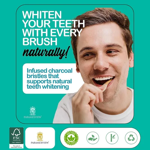 Vista 5 de Juego de 4 cepillos de dientes de bambú natural, cerdas medianas sin BPA, ecológicos, mango biodegradable, infusión de carbón y base orgánica