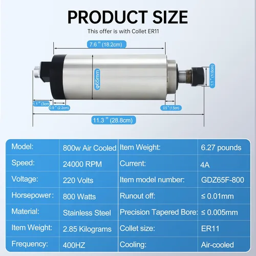 Vista 5 de RATTMMOTOR Motor de fresado de husillo CNC de 0.8KW, motor de husillo refrigerado por aire 800W 220VAC 24000RP 2.559 in CNC husillo CNC Motor ER11