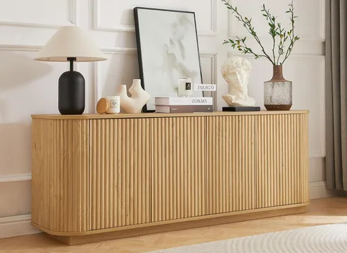 Vista 17 de LKTART Aparador de 64 pulgadas con almacenamiento, armario de almacenamiento de madera acanalada, aparador Credenza con estantes ajustables, resorte
