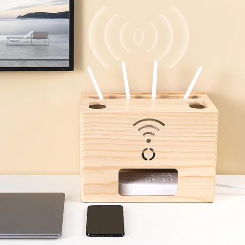 Vista 7 de Cable Organizer Box Wooden Power Cable Box Wireless Router Rack Home Office Power Strip Storage Box Double-Layer Cable Management Box, Hide