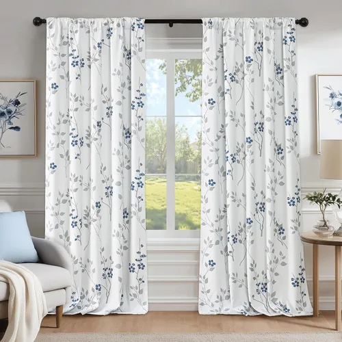 Vista 19 de Beauoop Cortinas Florales 100% Opacas de 54 Pulgadas de Largo, 2 Paneles para Dormitorio, Sala de Estar, Azul Gris y Blanco con Patrón de Flores
