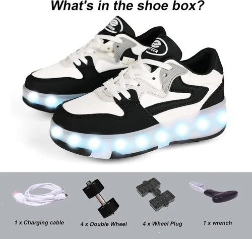 Vista 4 de Ufatansy - Zapatos con ruedas para patinar para niños y niñas, con 4 ruedas desmontables, 16 modos de luces LED de colores, zapatillas deportivas